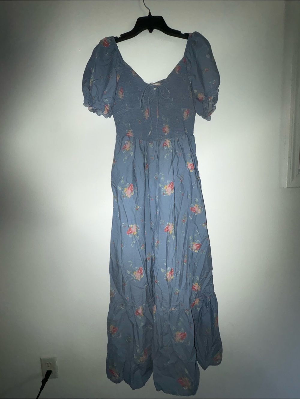 Blue Floral Puff-Sleeve Maxi Dress